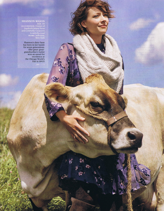 Cowbella's Shannon Mason, with one of her farm friends, as shown in the October issue of Real Simple magazine. 